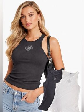 GUESS Ribbed Tank Top Bundle (2) | Black & White | Rhinestone Logo | Size S
